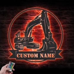 excavator driver construction custom metal wall art led light 4