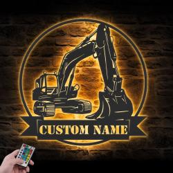 excavator driver construction custom metal wall art led light 6