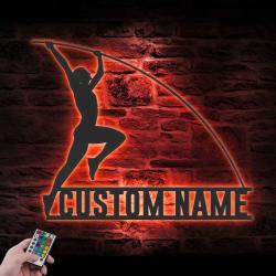 female pole vault custom metal wall art led light woman pole vaulting name sign 5