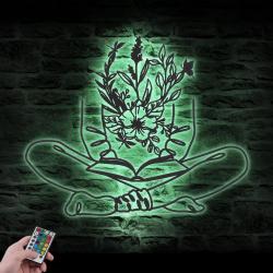 floral book reading line art custom metal wall art led light 2