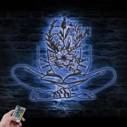floral book reading line art custom metal wall art led light 4