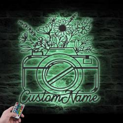 floral camera custom metal wall art led light photographer name sign 2