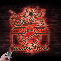 floral camera custom metal wall art led light photographer name sign 3