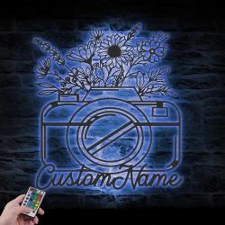 floral camera custom metal wall art led light photographer name sign 4