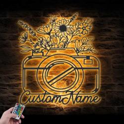 floral camera custom metal wall art led light photographer name sign 5