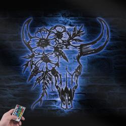 floral longhorn bull skull custom metal wall art led light cowgirl western life sign 3