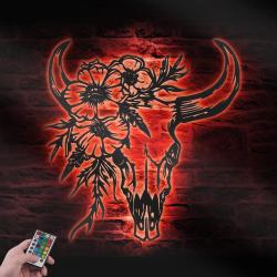 floral longhorn bull skull custom metal wall art led light cowgirl western life sign 5
