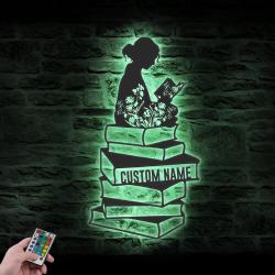 Girl Reading Book Custom Metal Wall Art LED Light Book Lover Name Sign