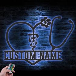 Hospital Animal Clinic Custom Metal Wall Art LED Light Vet Care Name Sign