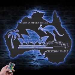 kangaroo australia map custom metal wall art led light sydney opera house name 5