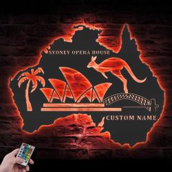 kangaroo australia map custom metal wall art led light sydney opera house name 6