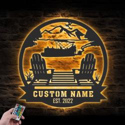 Lake House Custom Metal Wall Art LED Light Lake Mountain Scene Name Sign