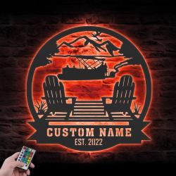 lake house custom metal wall art led light lake mountain scene name sign 2