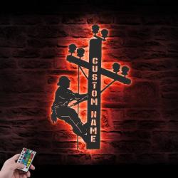 lineman custom metal wall art led light electrical worker name sign 3