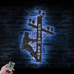 lineman custom metal wall art led light electrical worker name sign 4