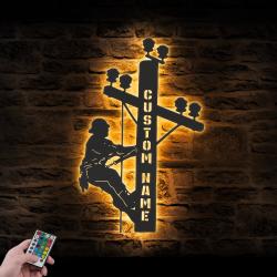 lineman custom metal wall art led light electrical worker name sign 5