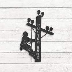 lineman custom metal wall art led light electrical worker name sign 6