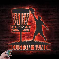 male disc golf player custom metal wall art led light disc golfer name sign 2