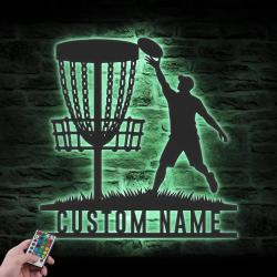 male disc golf player custom metal wall art led light disc golfer name sign 3