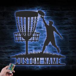 male disc golf player custom metal wall art led light disc golfer name sign 4