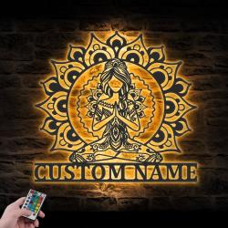 mandala yoga girl custom metal wall art with led light 2