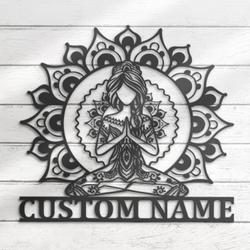 mandala yoga girl custom metal wall art with led light 3