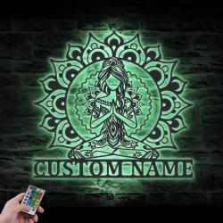 mandala yoga girl custom metal wall art with led light 5