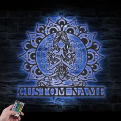 mandala yoga girl custom metal wall art with led light 6