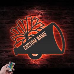 megaphone with pom pom cheerleading custom metal wall art led light 6