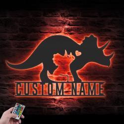 mom baby father triceratops dinosaur custom metal wall art led light 2