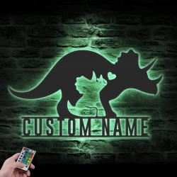 mom baby father triceratops dinosaur custom metal wall art led light 3