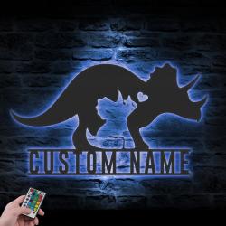 mom baby father triceratops dinosaur custom metal wall art led light 4