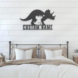 mom baby father triceratops dinosaur custom metal wall art led light 6
