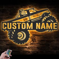 Monster Truck Driver Custom Metal Wall Art LED Light Vehicle Name Sign