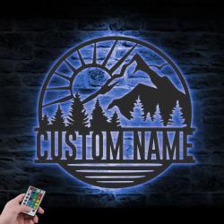 nature mountain sun lake and forest custom metal wall art led light 2