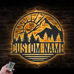 nature mountain sun lake and forest custom metal wall art led light 5