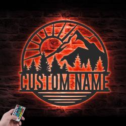 nature mountain sun lake and forest custom metal wall art led light 6