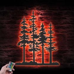 Nature Wispy Pine Tree Custom Metal Wall Art LED Light Cedar Tree Name Sign