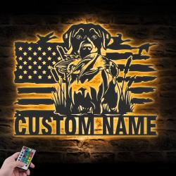 Custom Black Lab Dog Hunting US Flag Metal Wall Art LED Light