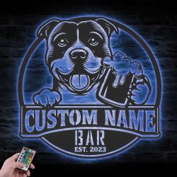 Custom Funny Pitbull Thirsty Beer Pub Metal Wall Art LED Light