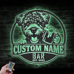 personalized funny pumi thirsty dog bar metal wall art led light