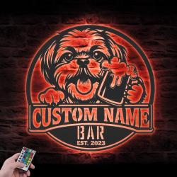 personalized funny shih tzu bar decor metal wall art led light