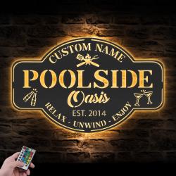 poolside oasis custom metal wall art led light tiki bar name sign 2