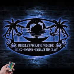poolside tiki bar custom metal wall art led light sunset name sign 5
