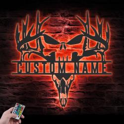 punisher skull deer hunting custom metal wall art led light buck hunter name sign 2