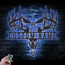 punisher skull deer hunting custom metal wall art led light buck hunter name sign 3