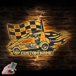racing flag sprint car custom metal wall art led light car racing decoration 2
