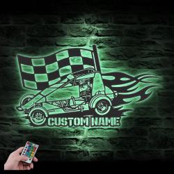 racing flag sprint car custom metal wall art led light car racing decoration 5