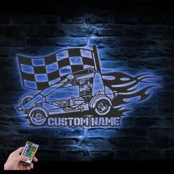 racing flag sprint car custom metal wall art led light car racing decoration 6