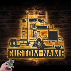 Semi Truck Driver Custom Metal Wall Art LED Light Trucker Name Sign